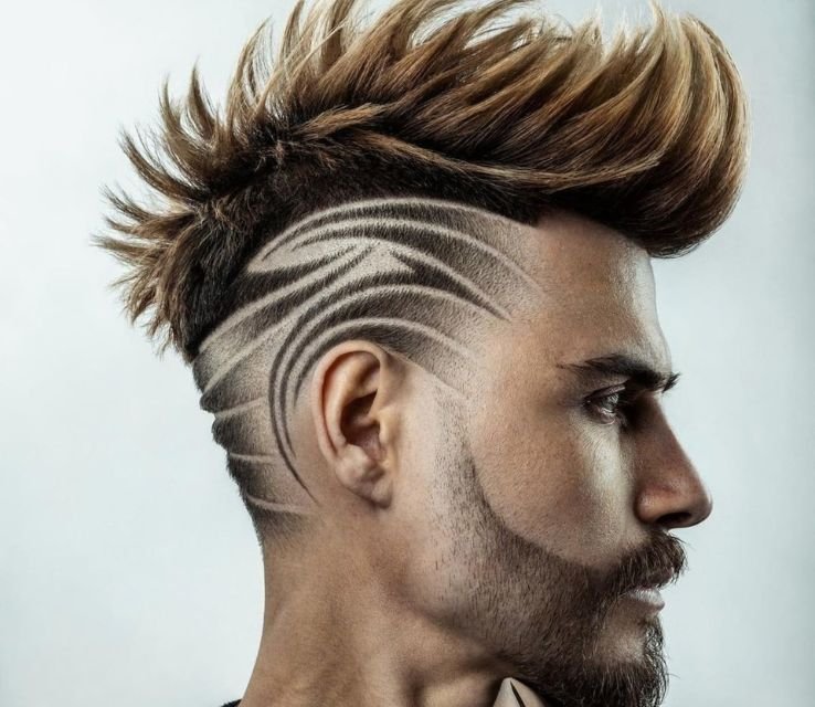 Burst Fade Mohawk With Long Shaved Lines